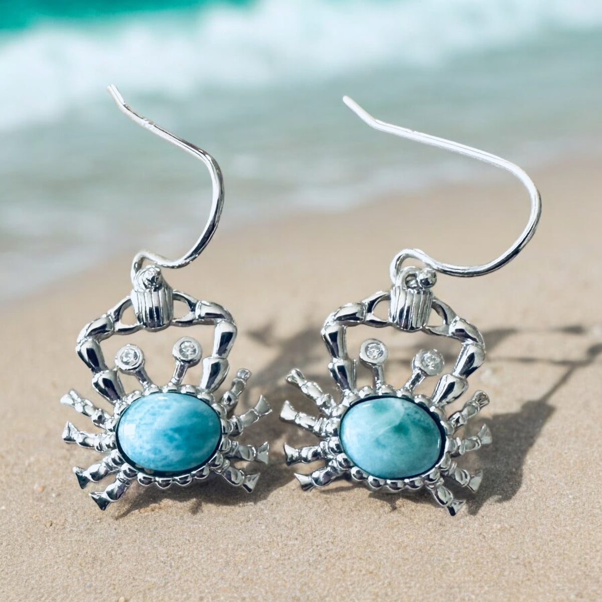 Sterling Silver Genuine Larimar Stone Crab Earrings