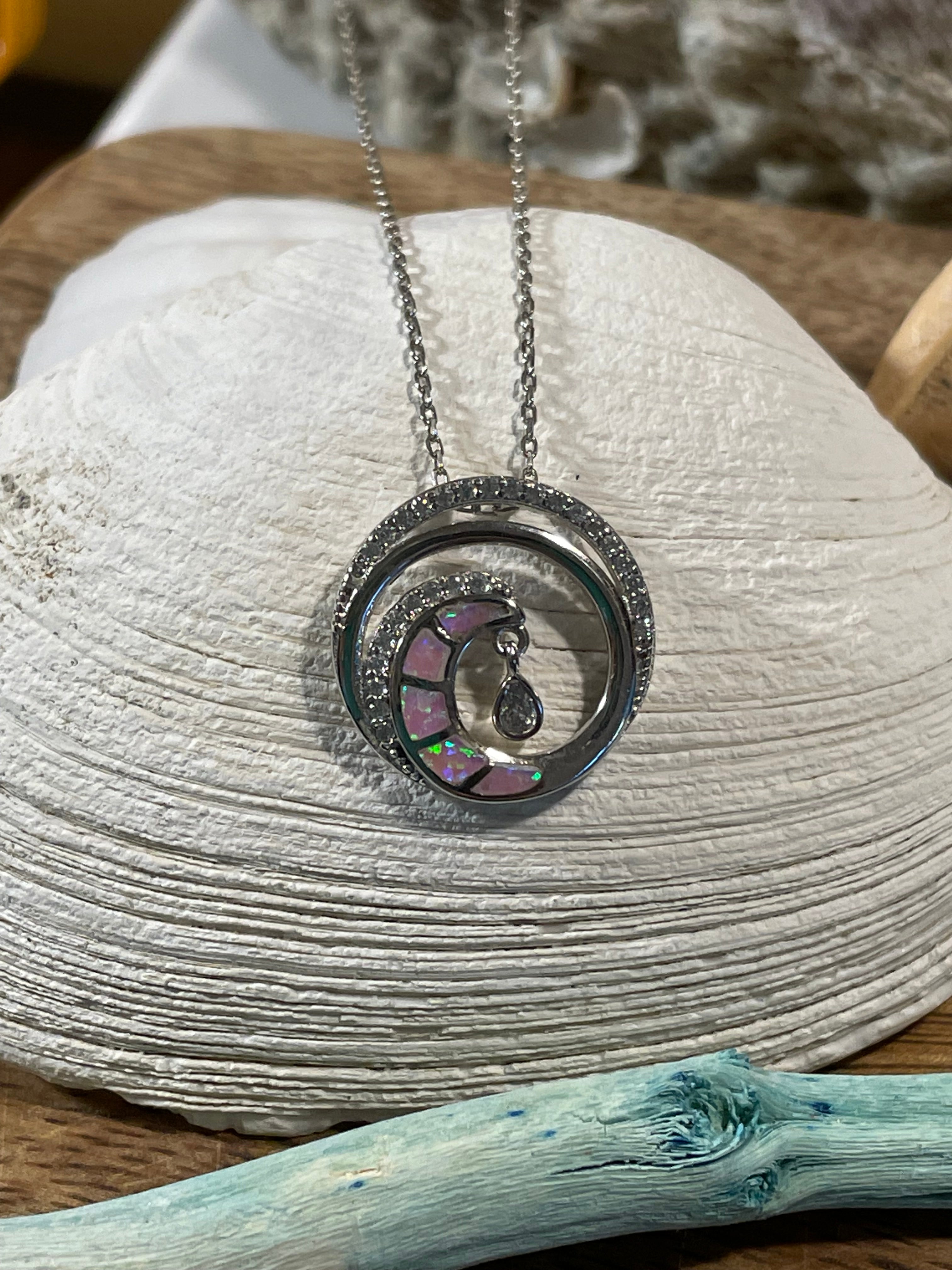 Sterling Silver Pink Opal & CZ Ocean Wave Necklace