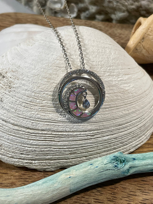 Sterling Silver Pink Opal & CZ Ocean Wave Necklace