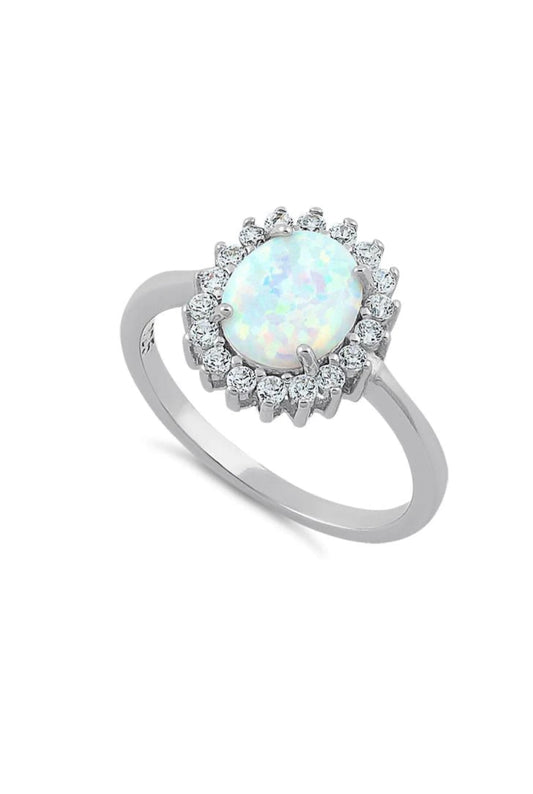 Sterling Silver White Lab Opal & CZ Halo Ring
