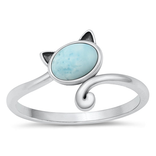 Sterling Silver Genuine Larimar Stone Cat Ring