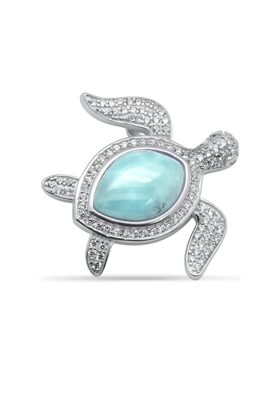 Sterling Silver Genuine Larimar Stone Sea Turtle Pendant
