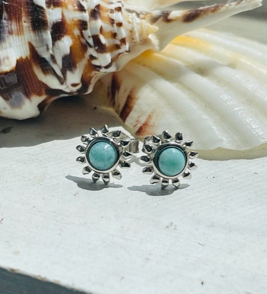 Sterling Silver Genuine Larimar Sunflower Stud Earrings