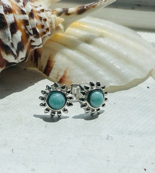 Sterling Silver Genuine Larimar Sunflower Stud Earrings