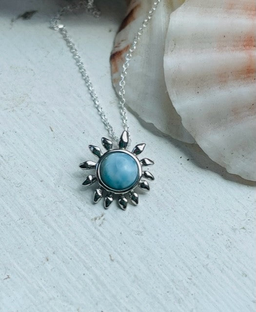 Sterling Silver Genuine Larimar Stone Sunflower Pendant Necklace