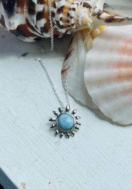 Sterling Silver Genuine Larimar Stone Sunflower Pendant Necklace