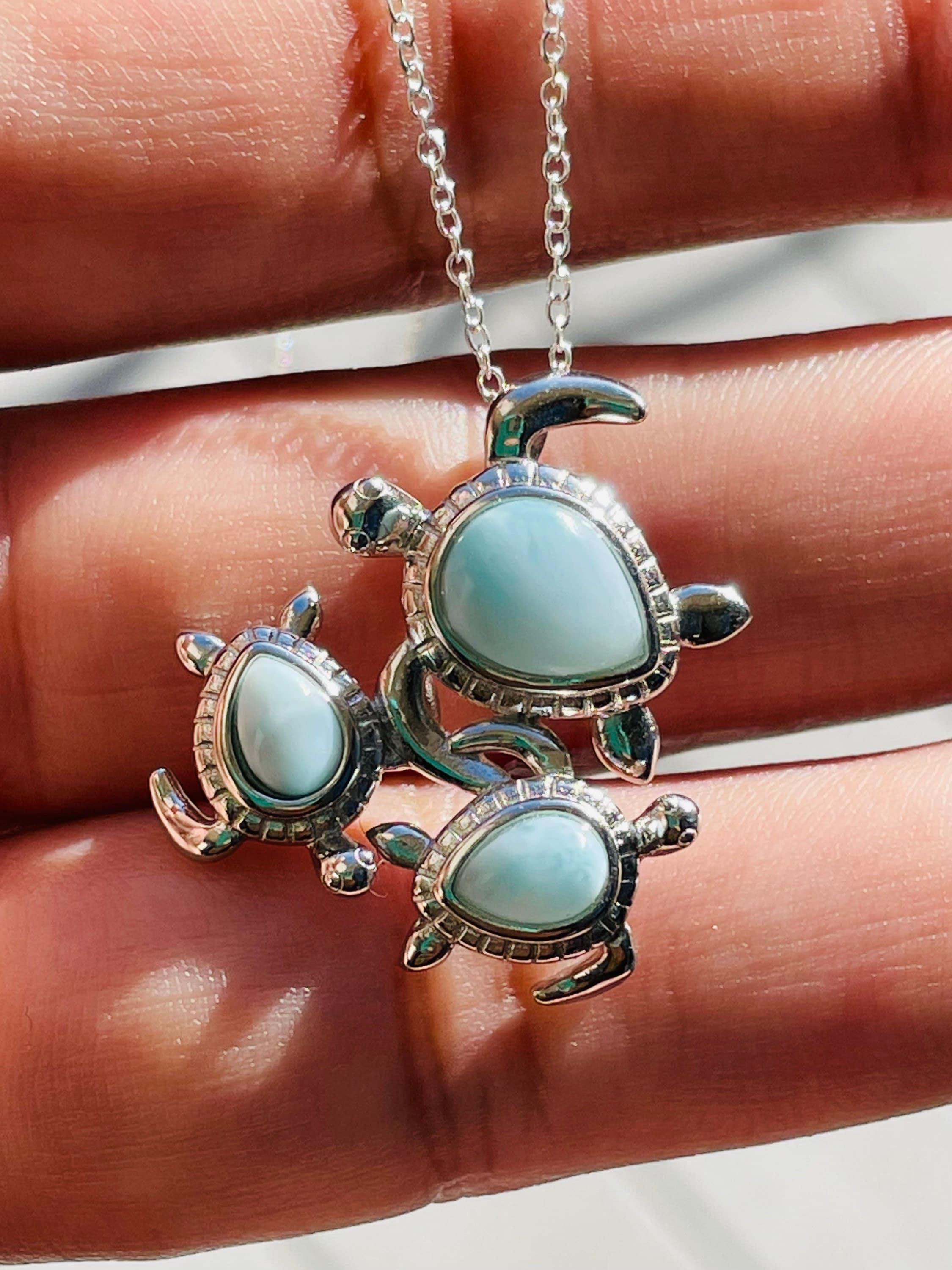 Sterling Silver Genuine Larimar Stone Sea Turtle Family Necklace