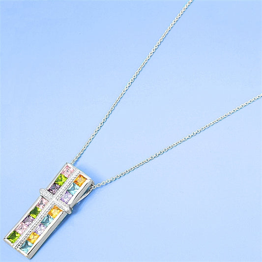 Sterling Silver Multicolored CZ Stone Bar Pendant Necklace