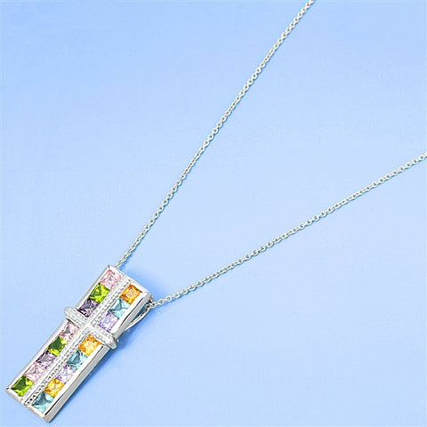 Sterling Silver Multicolored CZ Stone Bar Pendant Necklace