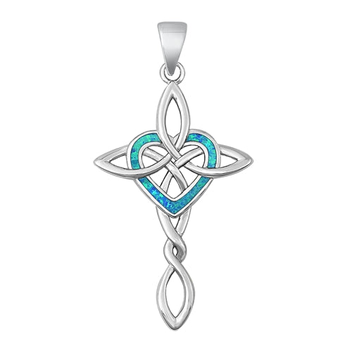Sterling Silver Celtic Lab Opal Heart Cross Pendant