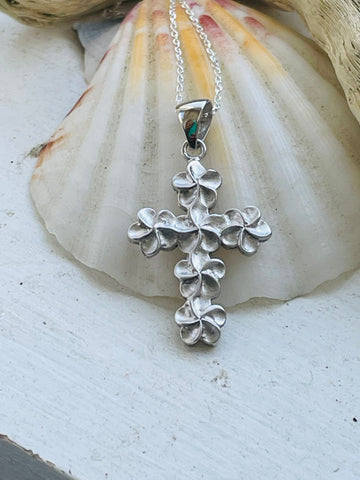 Sterling Silver Plumeria Flower Cross Necklace