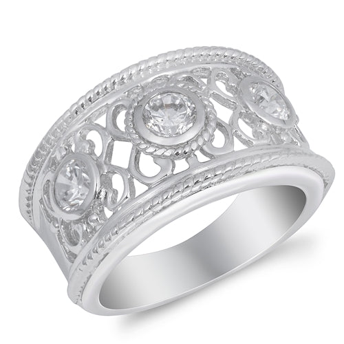 Sterling Silver Wide 3 CZ Stone Anniversary Band