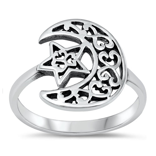 Sterling Silver Large Crescent Moon & Sun Ring