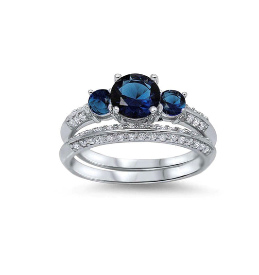 Sterling Silver Sapphire CZ Bridal Set