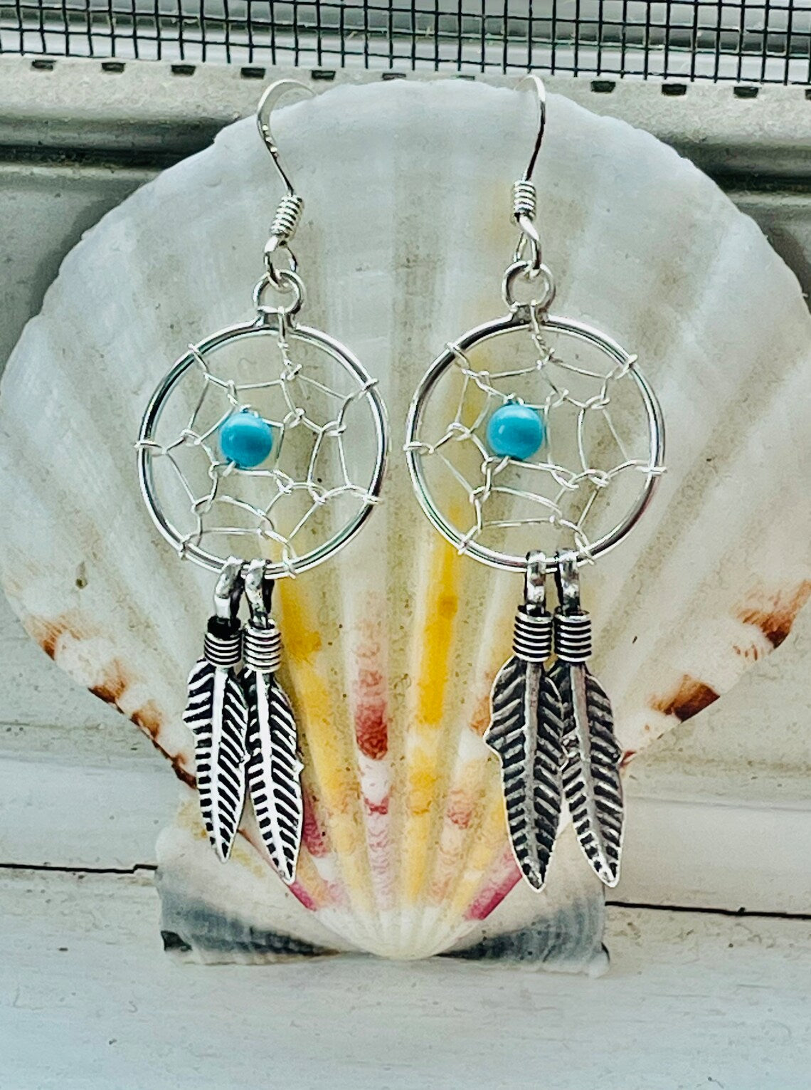 Sterling Silver Turquoise Bead Dream Catcher Earrings