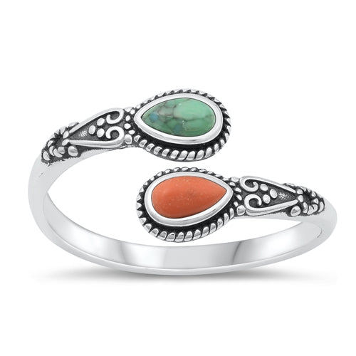 Sterling Silver Genuine Turquoise & Coral Stone Adjustable Ring