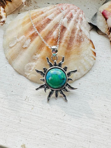 Sterling Silver Genuine Stone Sun Pendant Necklace