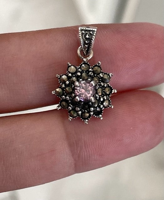 Sterling SIlver Pink CZ Marcasite Pendant