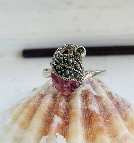 Sterling Silver Pink CZ Marcasite Ring