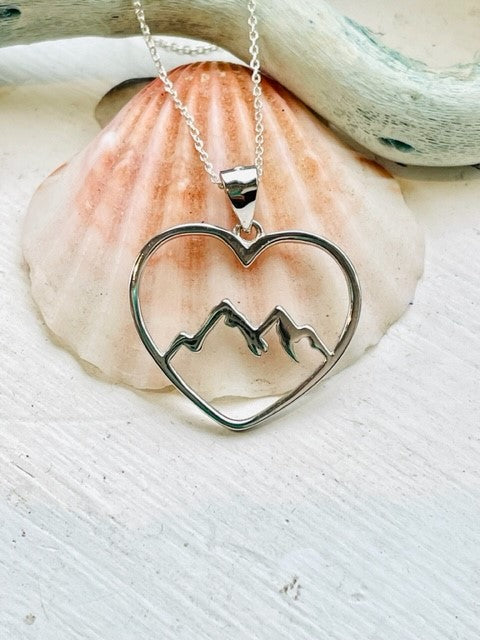 Sterling Silver Large Moutain Range Heart Pendant Necklace