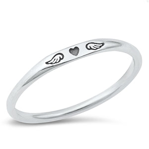 Sterling Silver Solid Heart & Wings Band
