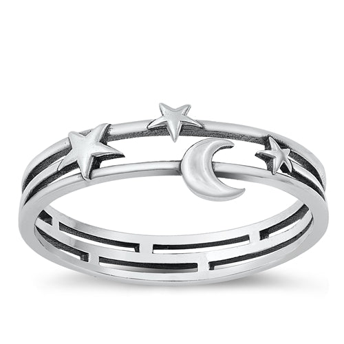 Sterling Silver Moon & Stars Band Ring