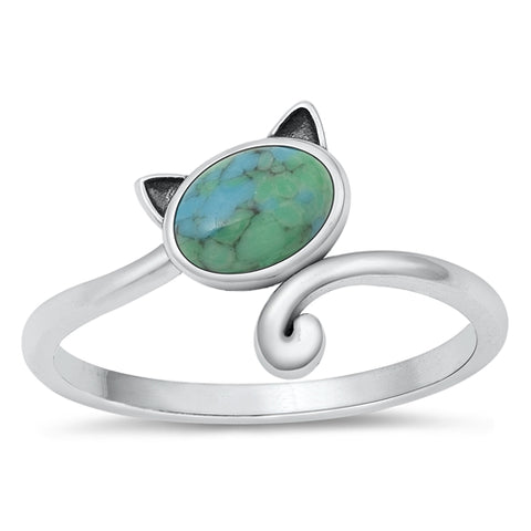Sterling Silver Genuine Turquoise Stone Cat Ring
